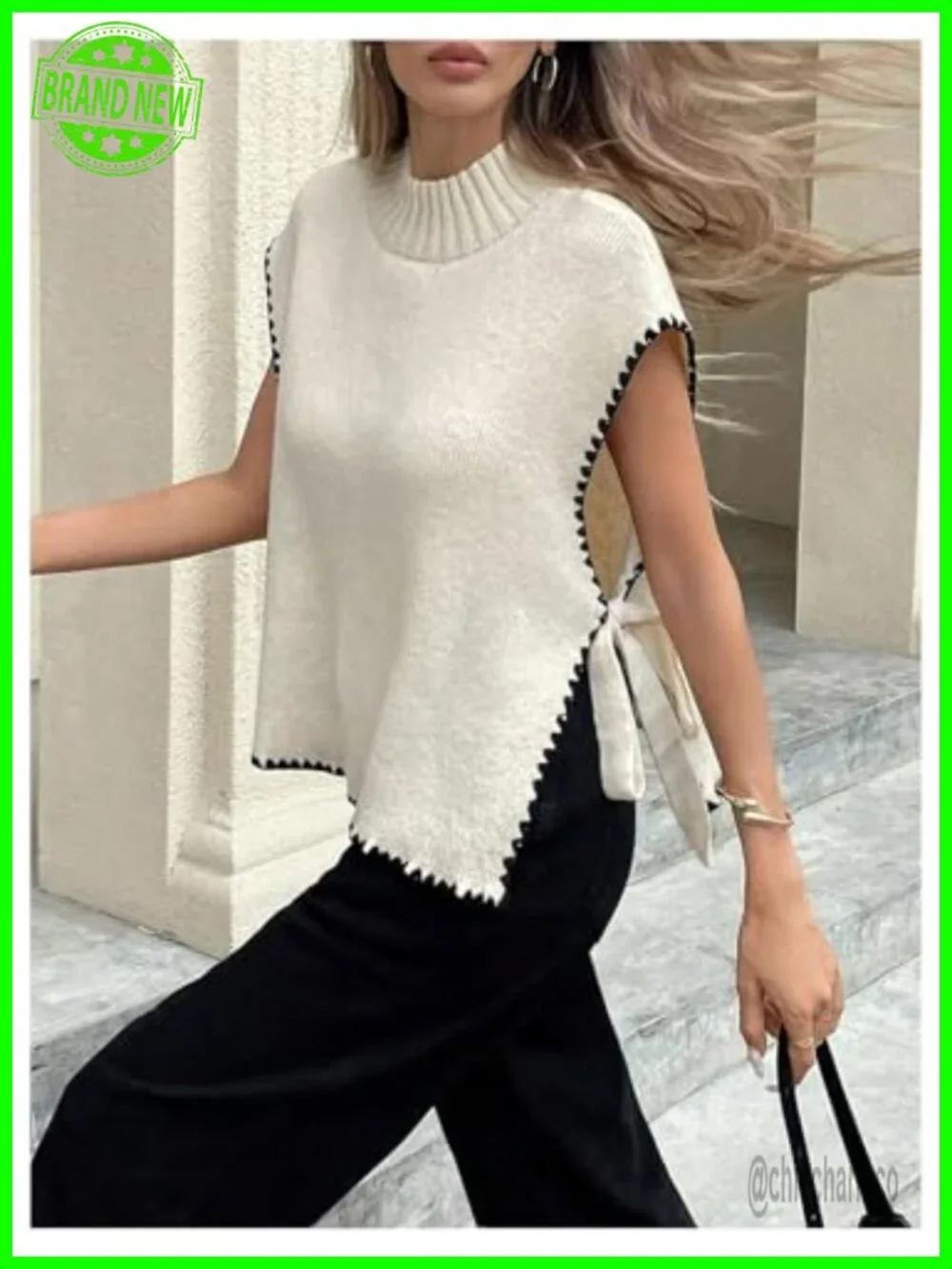Mock Neck Cap Sleeve Soft Knit Sweater Vest Tie Knot Side Slit Lightweight Tops